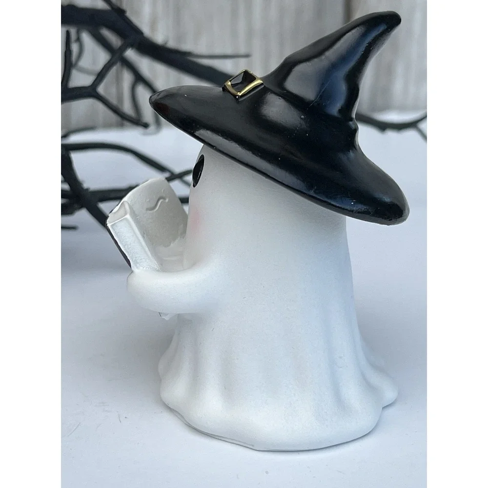 Cute Halloween Ghost Reading Statue, Wearing a Witch Hat 4 in New